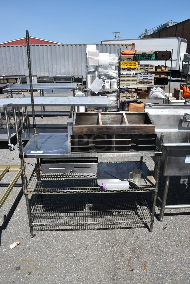 ALL ONE MONEY! Lot of  Steel Work Table With Pull Out Cash Drawer And 2 Metro Style Undershelves, Mail Slots, Squees Bottle, Meauring Cup AND MORE! BUYER MUST DISMANTLE. PCI CANNOT DISMANTLE FOR SHIPPING. PLEASE CONSIDER FREIGHT CHARGES.