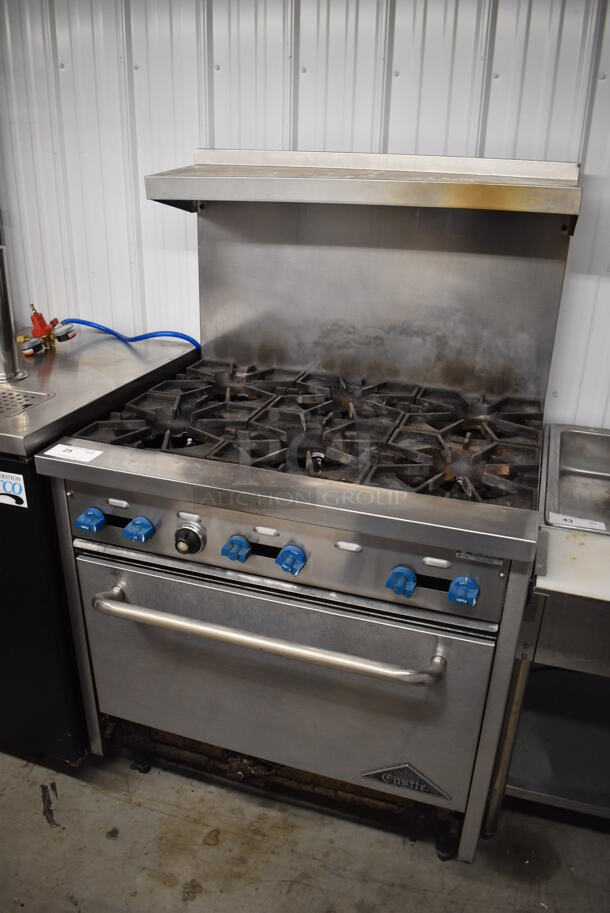 Prince Castle Stainless Steel Commercial Propane Gas Powered 6 Burner Range w/ Oven, Over Shelf and Back Splash. 36x34x60 - Image 3 of 8