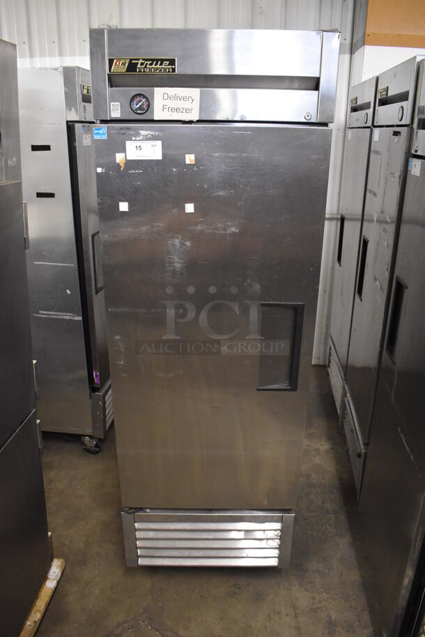 2013 True T-23F ENERGY STAR Stainless Steel Commercial Single Door Reach In Freezer w/ Poly Coated Racks on Commercial Casters. 115 Volts, 1 Phase. 27x30x83.5. Tested and Working!