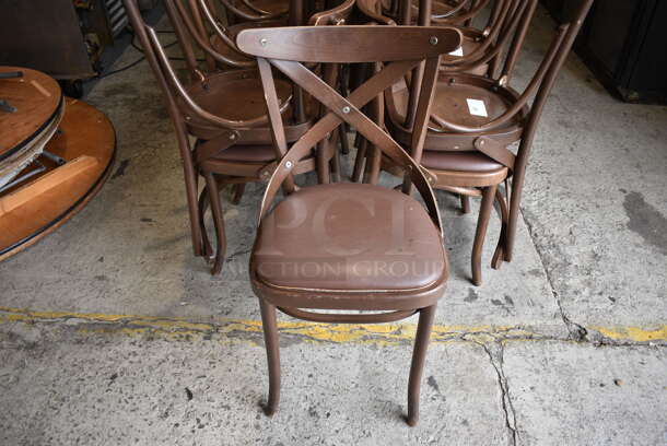 5 Wooden Dining Chairs w/ Brown Seat Cushion. Stock Picture - Cosmetic Condition May Vary. 19x17x35. 5 Times Your Bid!