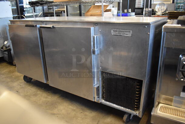 Beverage Air UCR67A Stainless Steel Commercial 2 Door Undercounter Cooler on Commercial Casters. 115 Volts, 1 Phase. 67x33x34.5. Cannot Test Due To Missing Power Cord