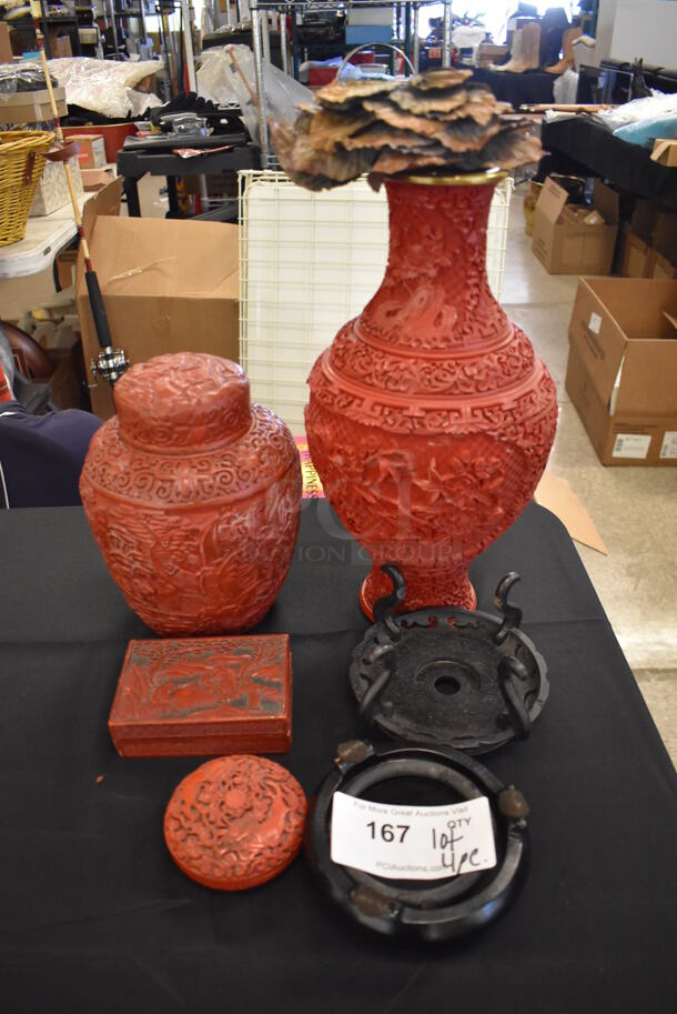ALL ONE MONEY! Set of Textured Asian Style Items; 2 Red Vases, Red Piece, Red Box and 2 Black Bases. Includes 8x8x18