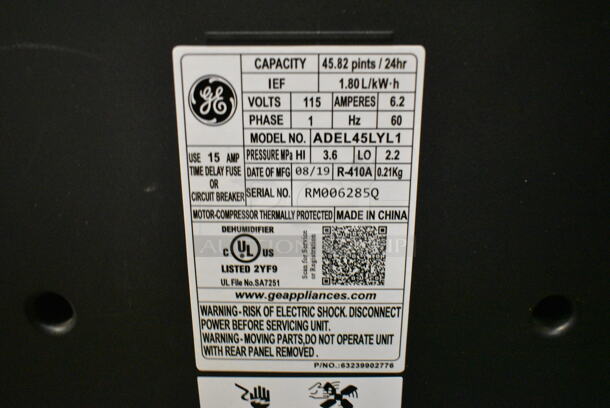 General Electric GE ADEL45LYL1 45 Pint Dehumidifier. 115 Volts, 1 Phase. This Unit Was In Working Condition When the Restaurant Closed. (kitchen) - Image 5 of 5