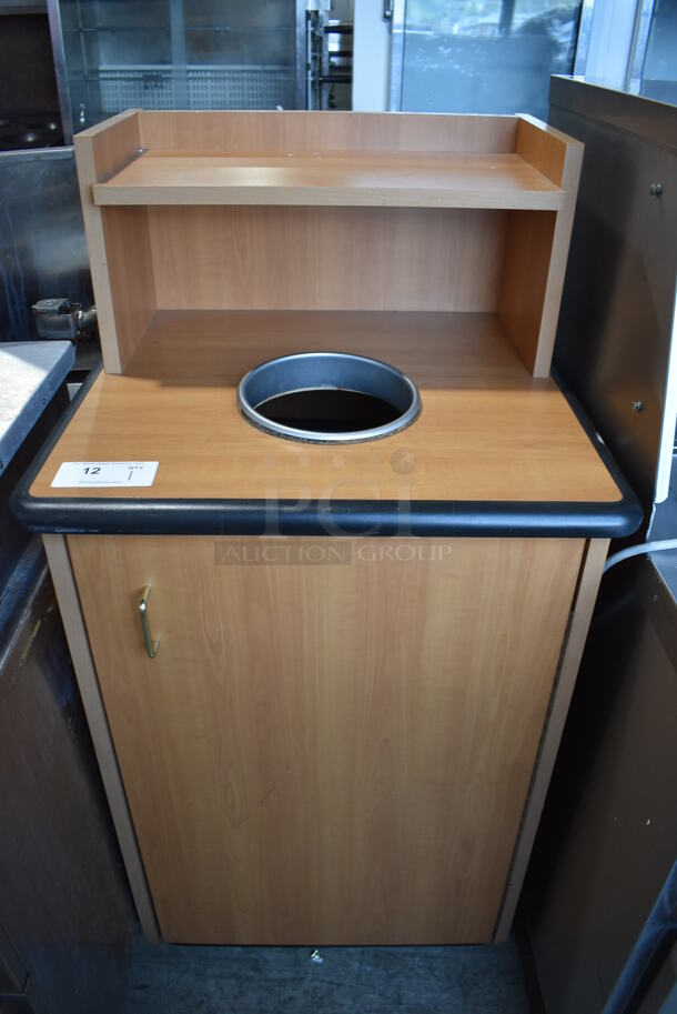 Wood Pattern Trash Can Shell w/ Trash Deposit Hole, Tray Return, Front Door and Poly Trash Can. 26x26x48 - Image 1 of 5