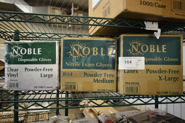 3 Boxes of 10 BRAND NEW IN BOX! Noble Disposable Gloves; 394365L Large, 394EN502M Medium and 394385XL X-Large. 3 Times Your Bid!
