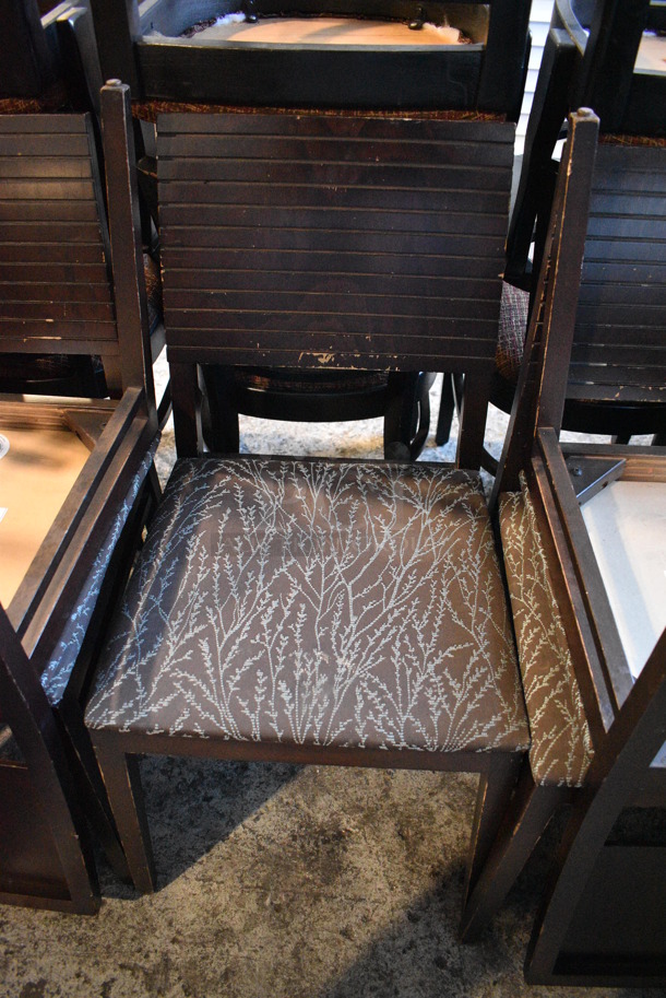 4 Wooden Dining Chairs w/ Brown and Blue Patterned Seat Cushion. 18x18x35. 4 Times Your Bid! - Image 1 of 5