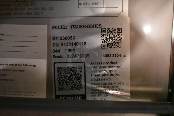 BRAND NEW SCRATCH AND DENT! Avantco 178UBB60SHCS 60" Stainless Steel Counter Height Narrow Sliding Glass Door Back Bar Refrigerator with LED Lighting. See Pictures for Broken Door Glass. 115 Volts, 1 Phase. Tested and Working! - Image 7 of 7