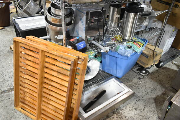 ALL ONE MONEY! Two Tier Lot of Various Items Including Stainless Steel Bins, Air Pot, Meat Slicer, Tork Napkins, Mop Heads. - Item #1114398
