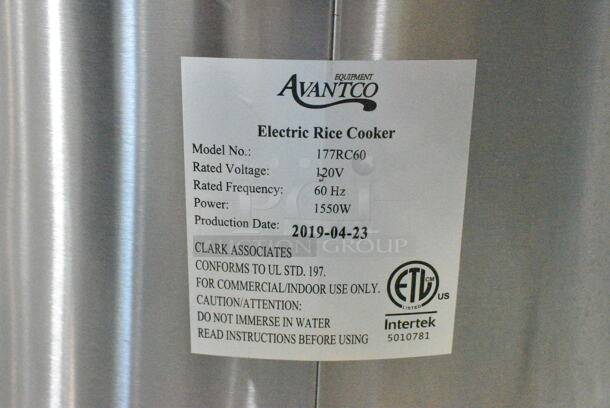 2019 Avantco 177RC60 Metal Countertop 60 Cup Rice Cooker. 120 Volts, 1 Phase. Tested and Working! - Image 6 of 6