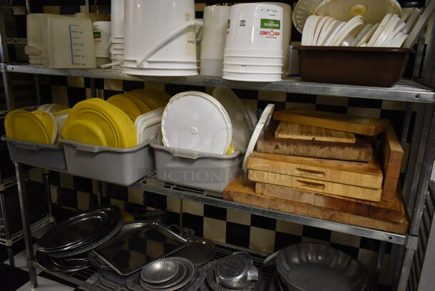 Chrome Finish 4 Tier Wire Shelving Unit w/ Contents Including Poly Bins and Metal Bowls. BUYER MUST REMOVE: BUYER MUST DISMANTLE. PCI CANNOT DISMANTLE FOR SHIPPING. PLEASE CONSIDER FREIGHT CHARGES. (kitchen #2) - Image 4 of 5