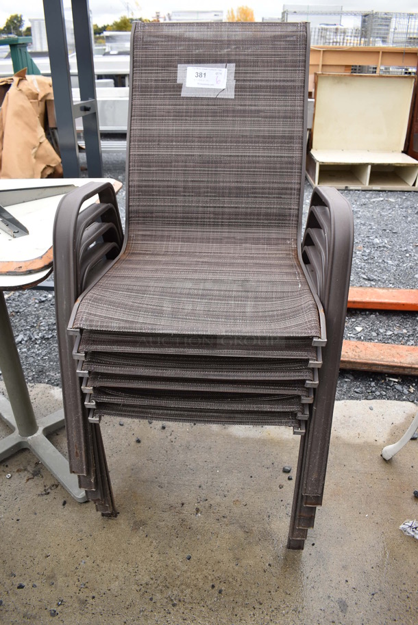 6 Brown Metal Patio Chairs w/ Brown Cushion and Armrests. 22x26x37. 6 Times Your Bid!