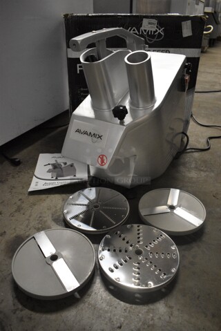 BRAND NEW IN BOX! Avamix Model 177CFP5D Stainless Steel Commercial Countertop Food Processor w/ 5 Various Blades. 120 Volts, 1 Phase. 9x21x20. Tested and Working!