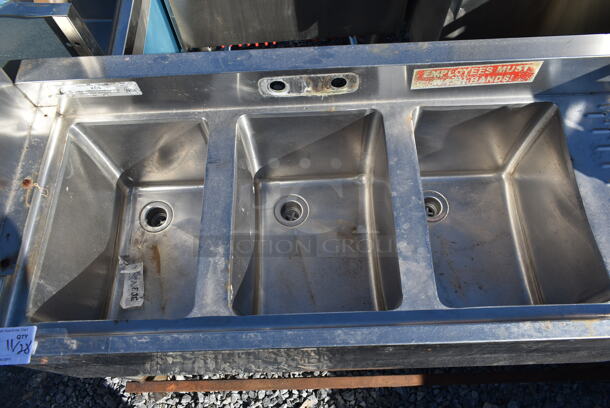 Stainless Steel Commercial 3 Bay Back Bar Sink w/ Right Side Drain Board. - Image 2 of 6