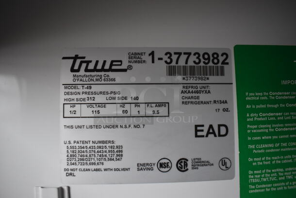 True T-49 Stainless Steel Commercial 2 Door Reach In Cooler on Commercial Casters. 115 Volts, 1 Phase. 54x34x83. Tested and Working! - Image 3 of 7