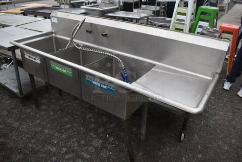 Stainless Steel Commercial 3 Bay Sink w/ Right Side Drain Board, Faucet, Handles and Spray Nozzle Attachment. 76x24x46. Bays 18x18x12. Drain Board 18x21x1