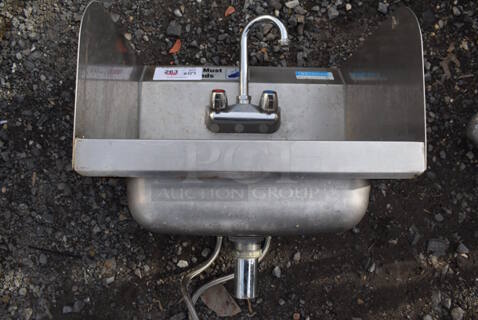 BK Resources Stainless Steel Commercial Single Bay Wall Mount Sink w/ Faucet, Handles and Side Splash Guards. 17x15.5x21