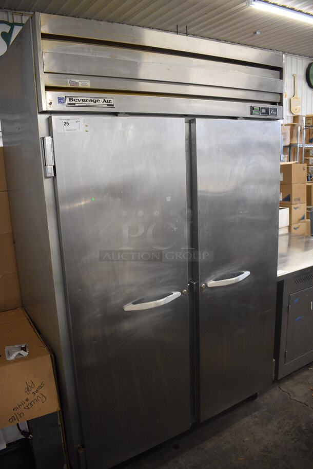 Beverage Air Model ER48-1AS Stainless Steel Commercial 2 Door Reach In Cooler on Commercial Casters. 115 Volts, 1 Phase. 52x32x83. Tested and Working!