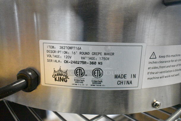 BRAND NEW SCRATCH AND DENT! 2024 Carnival King 382TCMPT16A Stainless Steel 16" Round Portable Non-Stick Crepe Maker. 120 Volts, 1 Phase. Tested and Working! - Image 7 of 7