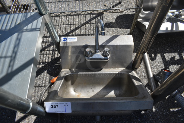 Stainless Steel Commercial Single Bay Wall Mount Sink w/ Faucet and Handles. 17x15.5x20