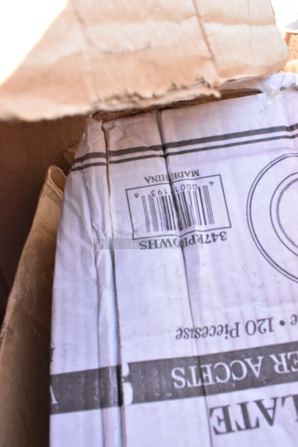 20 BRAND NEW Boxes Including 2 Box 347RPBD10WHG Visions 10" White Plastic Plate with Gold Bands - 120/Case, 5002WRAPNAPN EcoChoice WrapNap 2-Ply Natural Kraft 1/4 Fold Dinner Napkin 16" x 16" - 3000/Case, 500LFLAT Choice Clear Flat Lid with Straw Slot - 9, 12, 16, 20, and 24 oz. - 1000/Case, 5013339 Lavex Hercules 33 Gallon 2 Mil 33" x 39" Low Density Heavy-Duty Black Can Liner / Trash Bag - 100/Case, 50016W Choice White Poly Paper Hot Cup. 20 Times Your Bid!  - Image 12 of 12