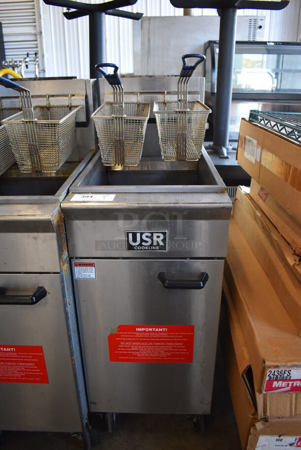 2019 USR Cookline CF-40 Stainless Steel Commercial Floor Style Natural Gas Powered Deep Fat Fryer w/ 2 Metal Fry Baskets on Commercial Casters. 90,000 BTU. 16x30x45 - Image 3 of 10