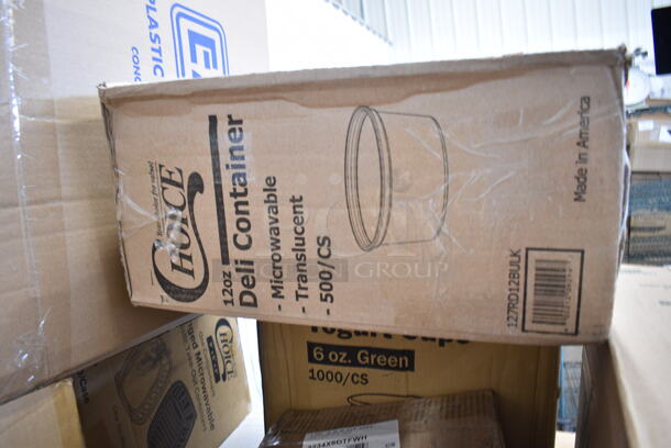 PALLET LOT of 60 BRAND NEW Boxes Including 3 Box 129MCS16B Choice 16 oz. Black 8" x 5 1/4" x 1 1/2" Rectangular Microwavable Heavy Weight Container with Lid - 150/Case, 760SOUP8KFT EcoChoice 8 oz. Kraft Paper Food Cup with Vented Lid - 250/Case, Dart 8J8 8 oz. White Customizable Foam Cup - 1000/Case, 128HD12COMBO ChoiceHD 12 oz. Microwavable Translucent Plastic Deli Container and Lid Combo Pack - 240/Case, 10 Boxes 130SERVSP8BK Choice 8 1/2" Black Disposable Plastic Serving Spoon - 72/Case, 130HFCL1M Visions Clear Heavy Weight Plastic Fork - Case of 1000, 394345L Noble NexGen Powder-Free Disposable Black Hybrid 3 Mil Thick Gloves - Large - 1000/Case, 500CT4 Choice 4 oz. Clear PET Parfait Insert - 1000/Case, 760IC06G Choice 6 oz. Green Paper Frozen Yogurt / Food Cup - 1000/Case, 500TO963 Choice 9" x 6" x 3" Microwaveable 1-Compartment Black / Clear Plastic Hinged Container - 100/Case, 5004DNAPWH Choice White Linen-Feel 1/8 Fold Dinner Napkin - 800/Case, 260SSPC11 Choice 11" Mirror Finish Stainless Steel Plate Cover, 127RD12BULK Choice 12 oz. Customizable Microwavable Translucent Round Deli Container - 500/Case, 3234X6DTFWH Lavex 4" x 6" White Direct Thermal Permanent Fanfold Label Stack - 4/Case, Choice 2 oz Portion Cups, 130HBKCUTTW Visions Individually Wrapped Black Heavy Weight Plastic Teaspoon - 1000/Case, 130WSPOON Choice Medium Weight White Plastic Teaspoon - 1000/Case. 60 Times Your Bid!  - Image 12 of 12