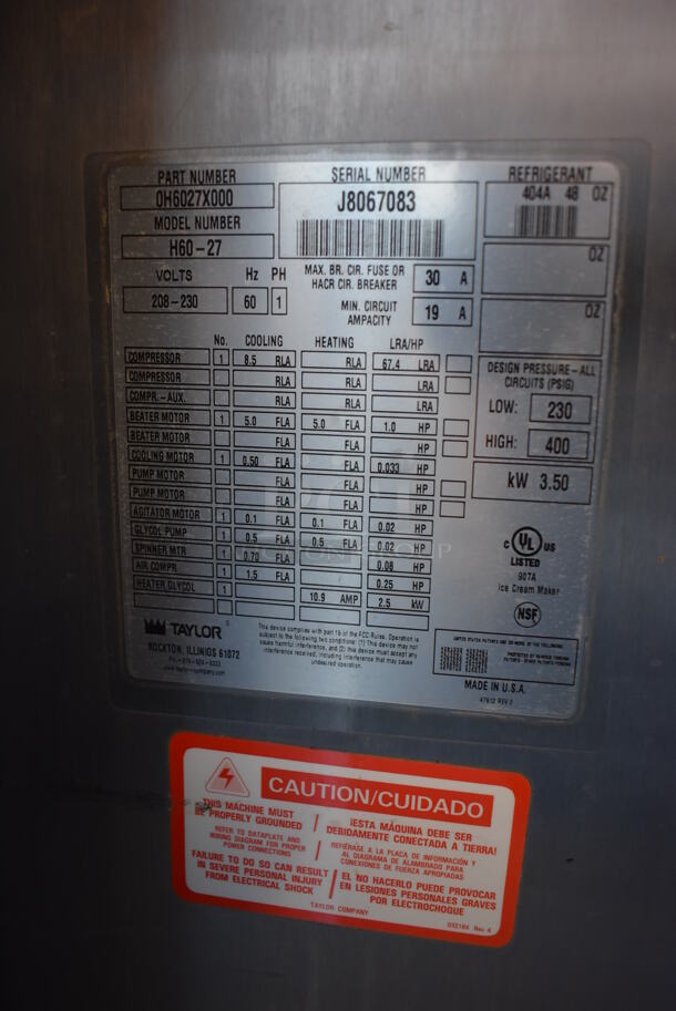 Taylor H60-27 Stainless Steel Commercial Water Cooled Single Flavor Soft Serve Ice Cream Machine on Commercial Casters. 208-230 Volts, 1 Phase. 19x32x60 - Image 8 of 11