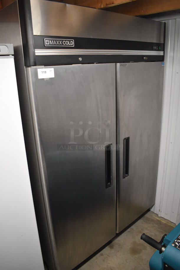 Maxx Cold MXCF-49FD ENERGY STAR Stainless Steel Commercial 2 Door Reach In Freezer w/ Poly Coated Racks on Commercial Casters. 115 Volts, 1 Phase. 54x34x83. Tested and Working!
