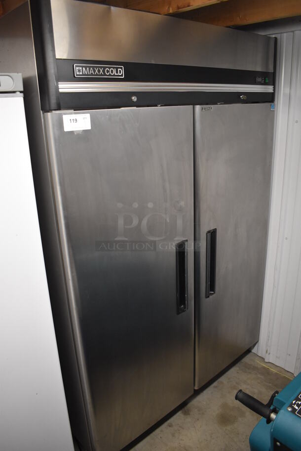 Maxx Cold MXCF-49FD ENERGY STAR Stainless Steel Commercial 2 Door Reach In Freezer w/ Poly Coated Racks on Commercial Casters. 115 Volts, 1 Phase. 54x34x83. Tested and Working! - Image 1 of 8