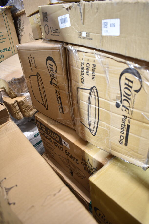 PALLET LOT of 30 BRAND NEW Boxes Including Choice 1 oz Portion Cups, Choice 2 oz Portion Cups, 500CC20 Choice Clear PET Customizable Plastic Cold Cup - 20 oz. - 600/Case, 395RP09 EcoChoice Compostable Sugarcane / Bagasse 9" Plate - 500/Case, 127CH64 Choice 64 oz. Clear RPET Hinged Deli Container - 200/Case, 760BB12 Carnival King 12 oz. Clear Plastic Banana Split Boat - 500/Case, 267810001G Acopa Phoenix Gold 6 1/2" 18/0 Stainless Steel Forged Teaspoon - 12/Case, 2 Box Choice PET Plastic Lid for 1.5 to 2.5 oz. Souffle Cup / Portion Cup - 2500/Case, 5002TPJ Lavex 2-Ply 720' Universal Jumbo Toilet Paper Roll with 9" Diameter - 12/Case, 50010C Choice 10 oz. Coffee Print Poly Paper Hot Cup - 1000/Case, 760IC04P Choice 4 oz. Pink Paper Frozen Yogurt / Food Cup - 1000/Case, 2 Box 129MCS12B Choice 12 oz. Black 6" x 4 3/4" x 1 3/4" Rectangular Microwavable Heavy Weight Container with Lid - 150/Case, 127RD16BULK  Choice 16 oz. Customizable Microwavable Translucent Round Deli Container - 500/Case, 3 Box 127SB32COMBO Choice 32 oz. Clear Plastic Salad Bowl with Lid - 150/Case, 500CC32p Clear PET Plastic Cold Cup - 32 oz., 129MCR50B Choice 43 oz. Black Round Microwavable Heavy Weight Container with Lid 9" - 150/Case. 30 Times Your Bid!  - Image 2 of 12