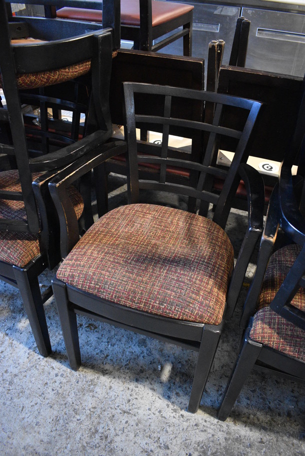 4 Black Wood Pattern Dining Chairs w/ Patterned Seat Cushion and Arm 
Rests. 20x18x33. 4 Times Your Bid! - Image 2 of 5