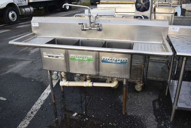 Stainless Steel 3 Bay Sink w/ Dual Drain Boards, Faucet and Handles. 72x22x44. Bays 14x16x12. Drain Boards 13x18x1 - Image 3 of 5