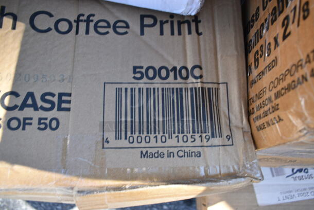 PALLET LOT of 20 BRAND NEW Boxes Including Dart 205HT1 White Foam Take Out Container with Perforated Hinged Lid 9" x 6" x 3", 130WHSPOONH Choice White Heavy Weight Plastic Teaspoon - 1000/Case, 50010C Choice 10 oz. Coffee Print Poly Paper Hot Cup - 1000/Case, Dart 20JL 20. Translucent Vented Lid - 1000/Case, 127P2C Choice Clear Plastic Souffle Cup / Portion Cup - 2 oz. - 2500/Case, 74555-0150 Solut 15" Take and Bake Coated Paperboard Black Oven Safe Pizza Tray - 150/Case, 394385S Noble Products White Powder-Free Disposable Latex Gloves for Foodservice - Small - 1000/Case, Carlisle 40008C14 Sparta 30" Blue Multi-Purpose Cleaning Brush - 5" Bristle Diameter, 3755GL444 GET GL-444 Curator 4" x 4" Square 26 oz. Clear Glass Storage Jar, 433NHT101 Choice 1/6 Standard Size White "Thank You" Standard-Duty Plastic T-Shirt Bag - 700/Case. 20 Times Your Bid!  - Image 4 of 12
