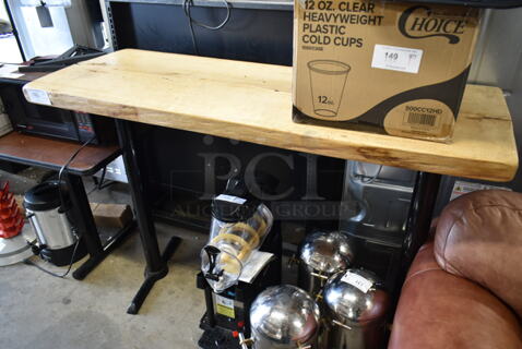Butcher Block Bar Height Table on 2 Black Metal table Bases.