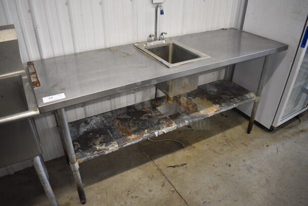 Stainless Steel Table w/ Basin, Faucet, Handles and Metal Under Shelf. 72x24x45. Bay 10x14x9