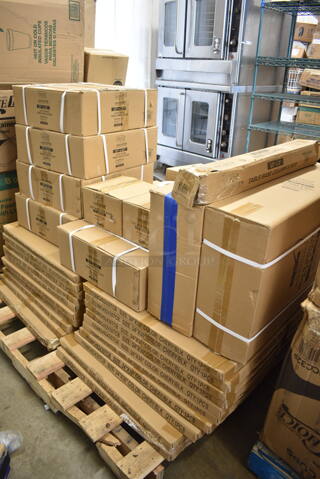 PALLET LOT of 33 BRAND NEW Boxes Including 20 Boxes 3492430TCB Lancaster Table & Seating 24" x 30" Laminated Rectangular Table Top Reversible Cherry / Black, 5 Boxes of 4 164TB2222 Lancaster Table & Seating 22" x 22" Cross Cast Iron Table Base Plate, 2 Box of 4 164TS1000 Lancaster Table & Seating 10" Cast Iron Table Base Spider, 2 Box of 10 164TCOLROD25 Lancaster Table & Seating 25 3/16" Standard Height Table Base Column and Rod. 33 Times Your Bid! 