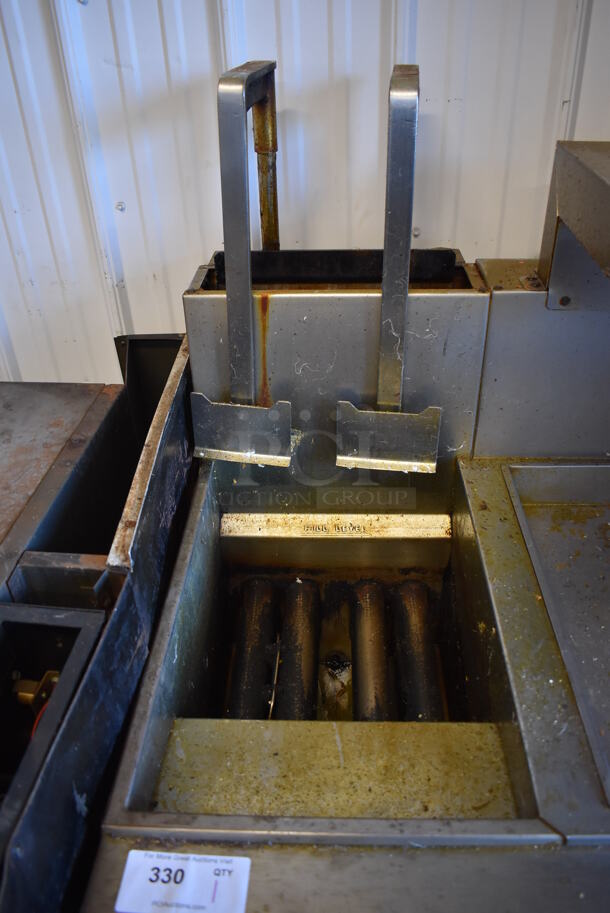 Vulcan 30RD45 Stainless Steel Commercial Floor Style Natural Gas Powered 2 Bay Deep Fat Fryer w/ Center Dumping Station on Commercial Casters. Missing Caster. 240,000 BTU. 47x35x58 - Image 7 of 12