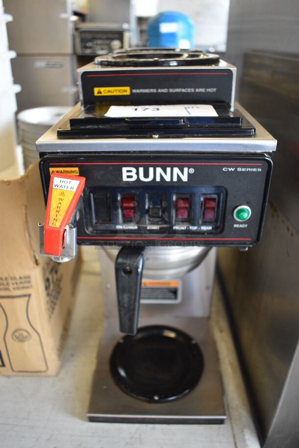 2012 Bunn Model CWTF15 Stainless Steel Commercial Countertop 3 Burner Coffee Machine w/ Hot Water Dispenser and Poly Brew Basket. 120 Volts, 1 Phase. 8x18x20