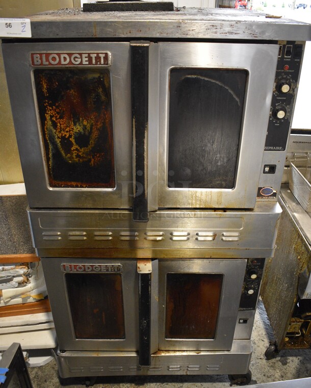 2 Blodgett Zephaire Stainless Steel Commercial Natural Gas Powered Full Size Convection Oven w/ View Through Doors, Metal Oven Racks and Thermostatic Controls on Commercial Casters. 38x38x70. 2 Times Your Bid!