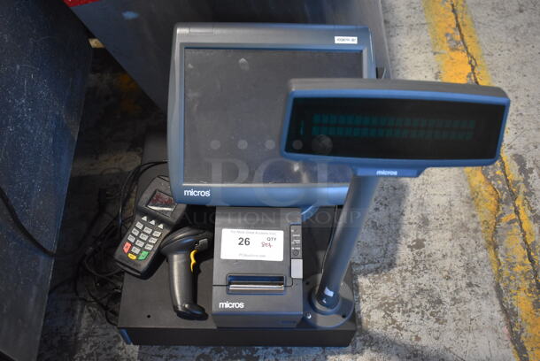 Micros Workstation 5 15" POS Monitor, Epson M129H Receipt Printer, Magtek Credit Card Reader, Motorola Barcode Scanner and Metal Cash Drawer - Image 1 of 12
