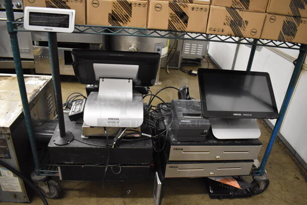 2 Sets of POS Systems Including 2 Micros Oracle Monitors, 2 Receipt Printers, 4 Metal Cash Drawers, Ingenico Credit Card Reader, Barcode Scanner. 2 Times Your Bid!  