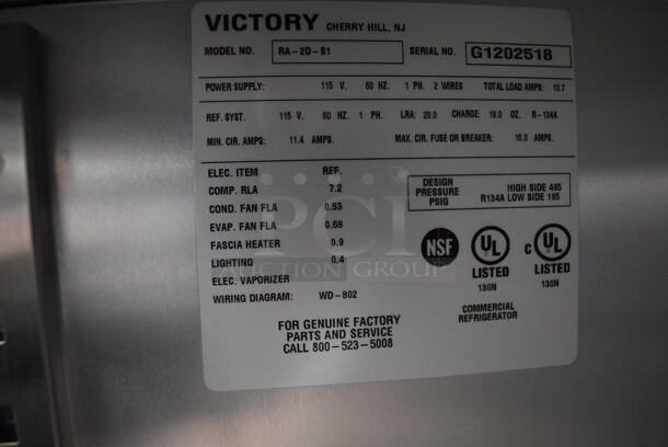 LIKE NEW! 2012 Victory RA-2D-S1 Stainless Steel Commercial 2 Door Reach In Cooler. 115 Volts, 1 Phase. Unit Has Only Been Used a Few Times! Tested and Working! - Image 6 of 6