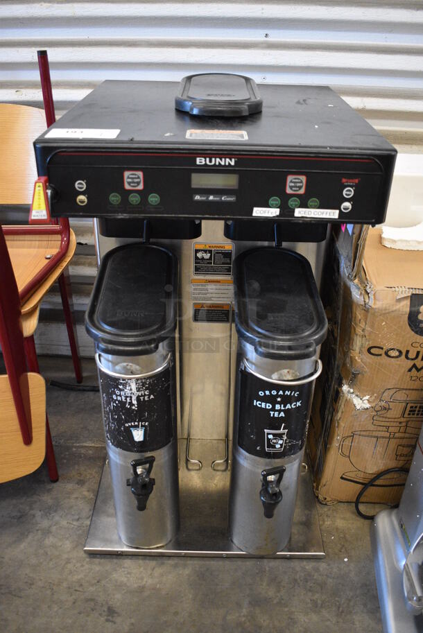 	2014 Bunn Model ITCB TWIN HV Stainless Steel Commercial Countertop Iced Tea Machine w/ Hot Water Dispenser and 2 Beverage Holder Dispensers. 120/240 Volts, 1 Phase. 20.5x25.5x34