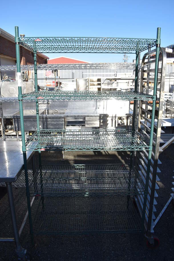 Green Finish 5 Tier Wire Shelving Unit. BUYER MUST DISMANTLE. PCI CANNOT DISMANTLE FOR SHIPPING. PLEASE CONSIDER FREIGHT CHARGES. 42x24x74