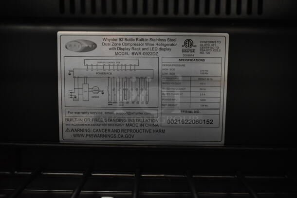 BRAND NEW SCRATCH AND DENT! Whynter BWR-0922DZ 92 Bottle Built-in Stainless Steel Dual Zone Compressor Wine Refrigerator. 115 Volts, 1 Phase. Tested and Working! - Image 3 of 3