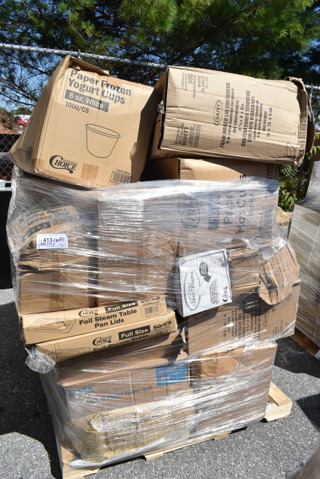PALLET LOT of 30 BRAND NEW Boxes Including 760IC08W Choice 8 oz. White Paper Frozen Yogurt / Food Cup - 1000/Case, Dart 60HT1 White Foam Hinged Lid Container 6" x 6" x 3" - 500/Case, 2 box 612FFL1230 Choice Foil Steam Table Pan Lid - Full Size - 50/Case, 50020W Choice 20 oz. White Poly Paper Hot Cup, 50010W Choice 10 oz. White Poly Paper Hot Cup - 1000/Case, 127RD32BULK Choice 32 oz. Customizable Microwavable Translucent Round Deli Container - 500/Case, 50012W Choice 12 oz. White Poly Paper Hot Cup - 1000/Case, 395TO991 EcoChoice 9" x 9" x 3" Compostable Sugarcane / Bagasse 1 Compartment Take-Out Box - 200/Case, 500TW16S Choice 16 oz. Translucent Thin Wall Squat Plastic Cold Cup - 1000/Case, 760PCCLEM22 Carnival King 22 oz. Poly Paper Lemonade Cup - 1000/Case. 30 Times Your Bid! 