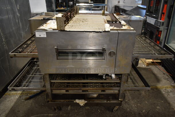 2 Lincoln Impinger Stainless Steel Commercial Natural Gas Powered Conveyor Pizza Ovens on Commercial Casters. Bottom Oven Is Missing Front. 110,000 BTU. 2 Times Your Bid!