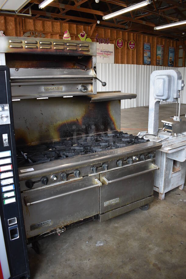 American Range Stainless Steel Commercial Natural Gas Powered 10 Burner Range w/ 2 Ovens, Cheese Melter, Over Shelf and Back Splash on Commercial Casters. 60x33x77
