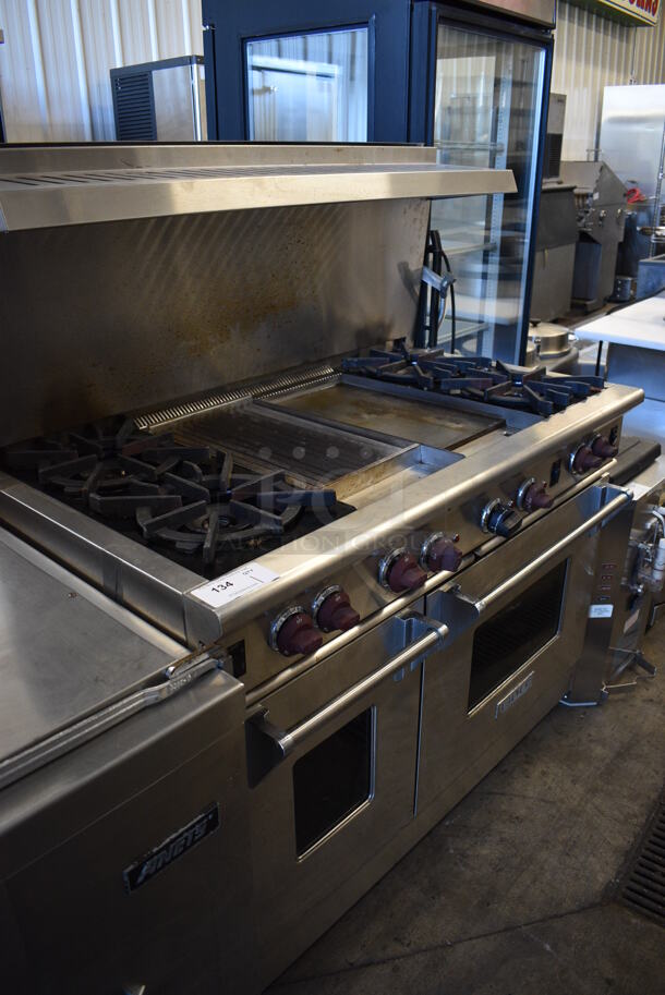 Wolf Stainless Steel Commercial Natural Gas Powered 4 Burner Range w/ Flat Top, Charbroiler, Convection Oven, Warmer, Over Shelf and Back Splash. 48x28x57 - Image 8 of 11