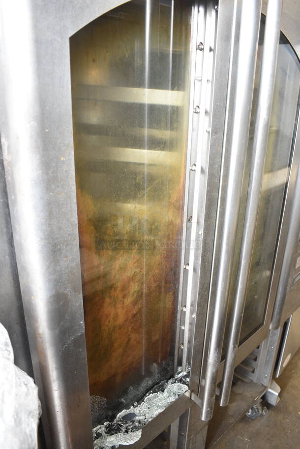 Baxter Stainless Steel Commercial Natural Gas Powered Mini Rotating Rack Oven w/ Lower Double Pan Rack on Commercial Casters. See Pictures for Broken Glass Pane.  - Image 2 of 8
